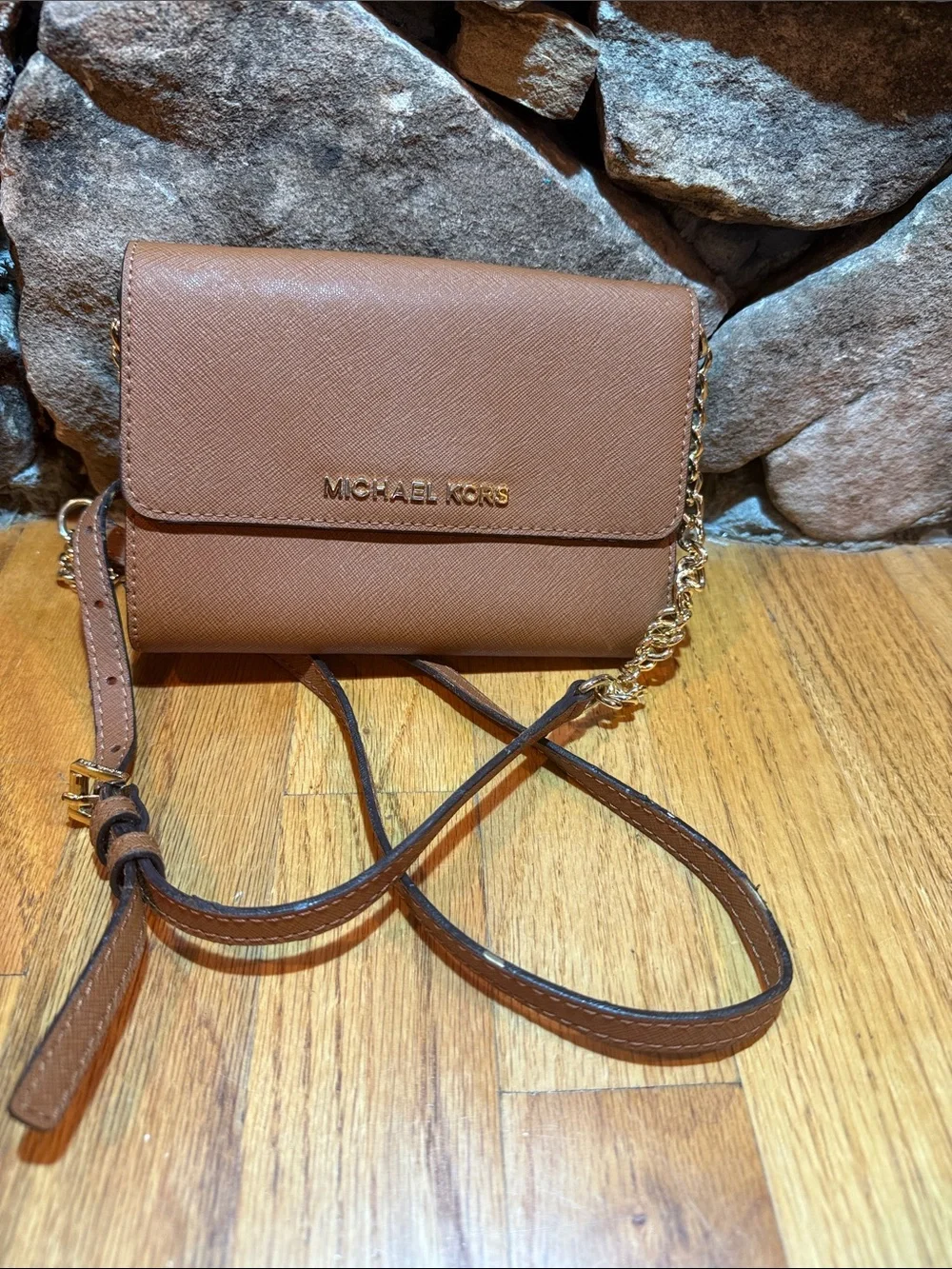 Michael Kors Brown Saffiano Leather Wristlet Clutch with Gold Logo